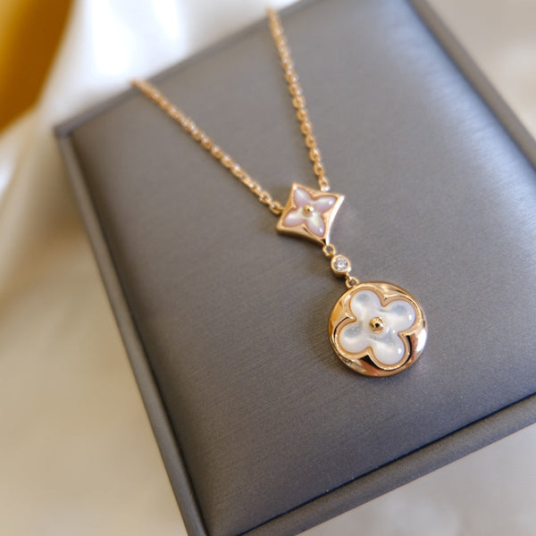 <MAGIC>STAR AND SUN WHITE MOP 2 MOTIF PINK GOLD NECKLACE