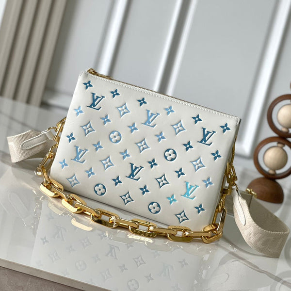 COUSSIN PM 26 IN WHITE BLUE MONOGRAM EMBOSSED LAMBSKIN GOLD HARDWARE